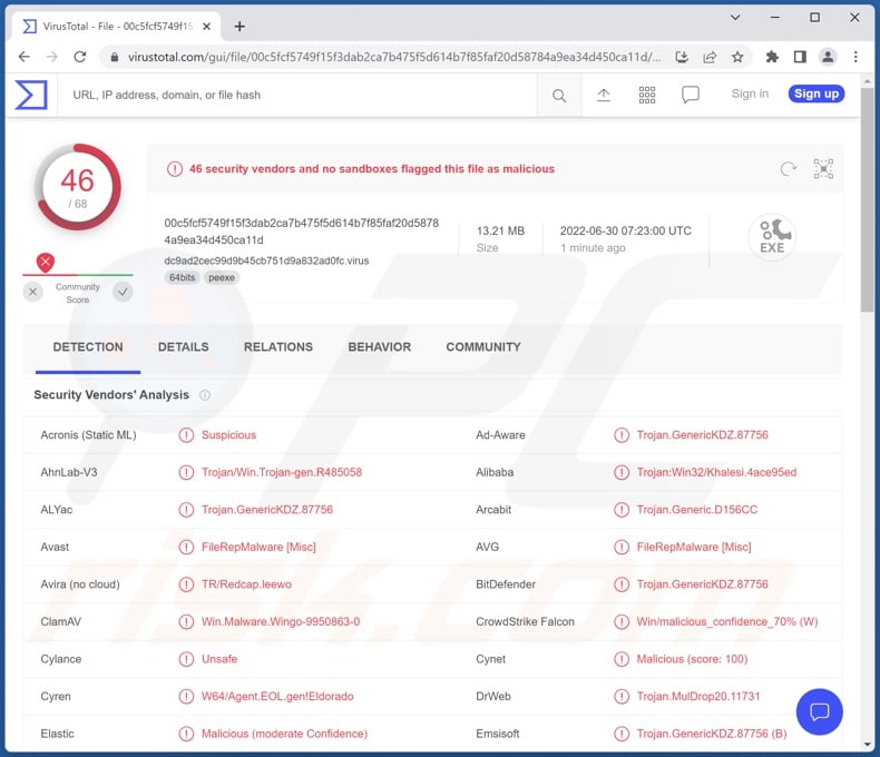 YTStealer malware detections on VirusTotal