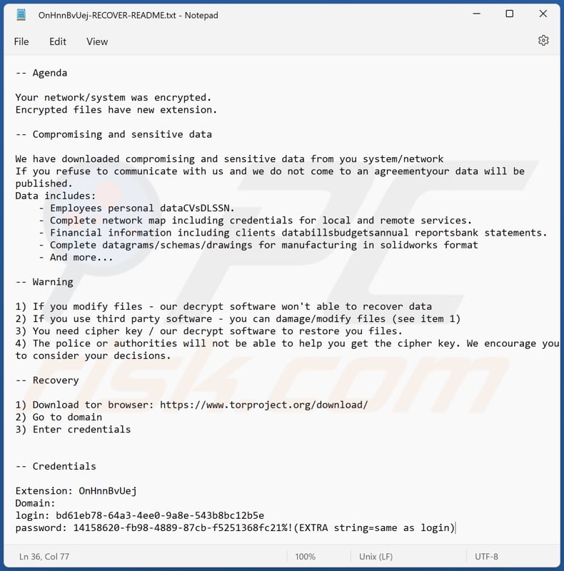 Agenda ransomware text file ([random_string]-RECOVER-README.txt)