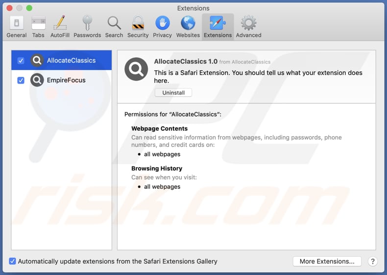 allocateclassics adware installed on safari