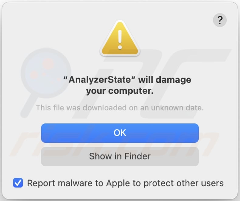 Pop-up displayed when AnalyzerState adware is detected on the system