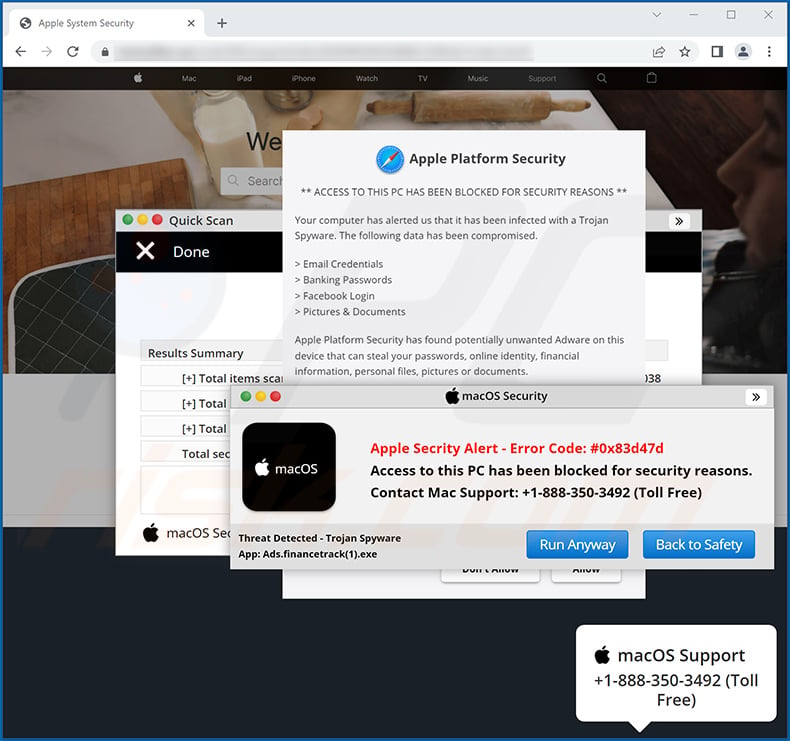 Apple Security Alert pop-up scam (2022-07-26)