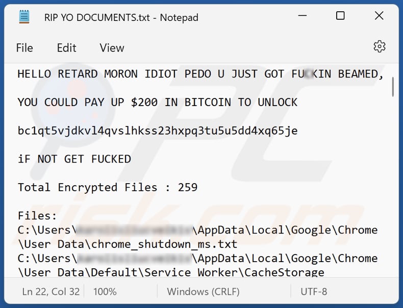 Beamed ransomware text file (RIP YO DOCUMENTS.txt)