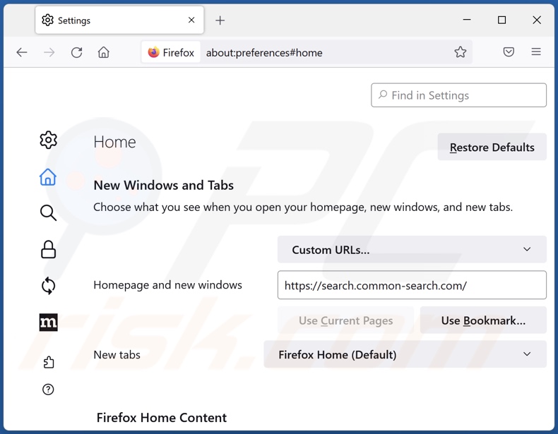 Removing search.common-search.com from Mozilla Firefox homepage