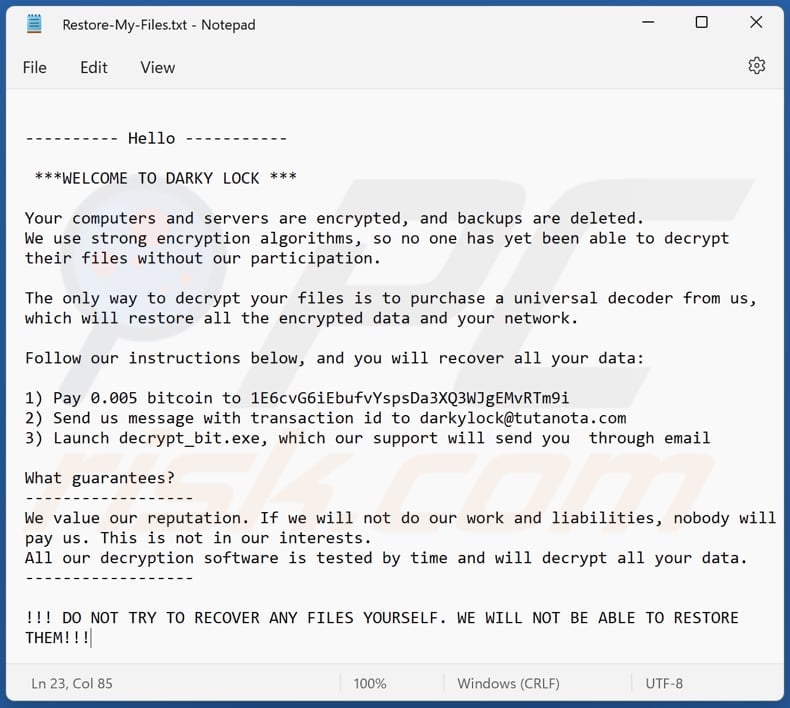 DARKY LOCK ransomware text file (Restore-My-Files.txt)