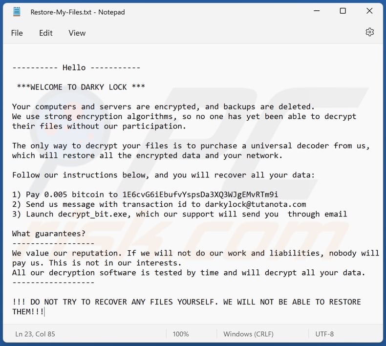 DARKY LOCK ransomware text file (Restore-My-Files.txt)