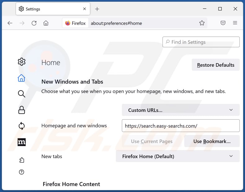 Removing search.easy-searchs.com from Mozilla Firefox homepage