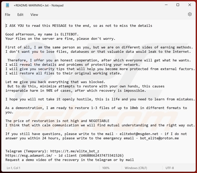 ELITEBOT ransomware text file (+README-WARNING+.txt)