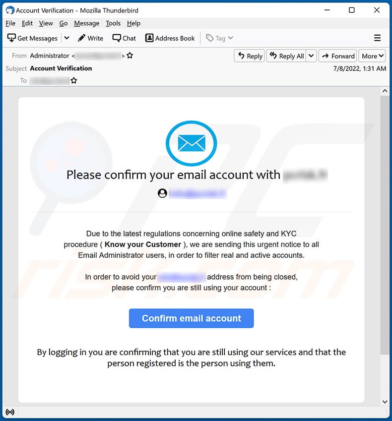 Email verification-themed spam email used to promote a phishing site (2022-07-15)