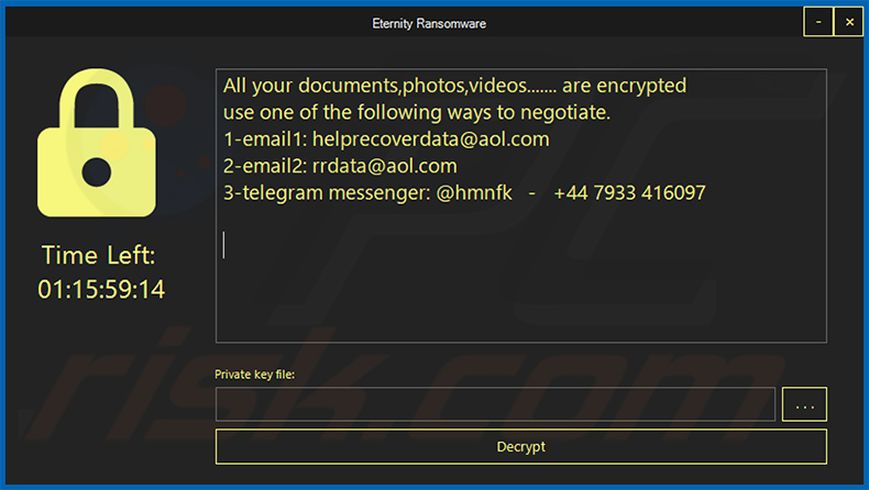 Eternity ransomware pop-up window (2022-07-27)