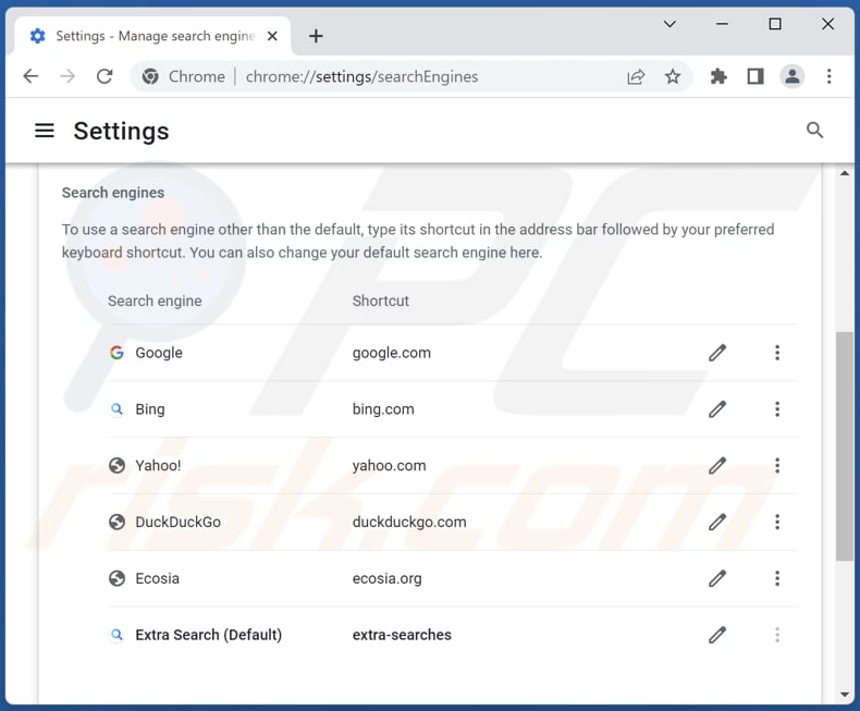 Removing search.extra-searches.com from Google Chrome default search engine