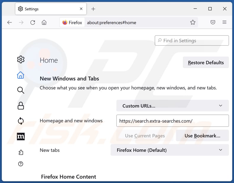 Removing search.extra-searches.com from Mozilla Firefox homepage