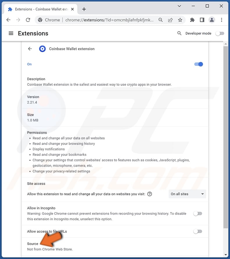 Fake Coinbase Wallet extension description indicating it is not from the Chrome Web Store