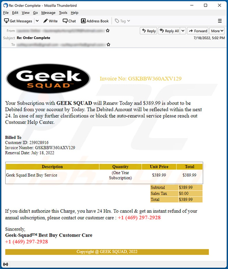 Geek Squad-themed spam email (2022-07-27)