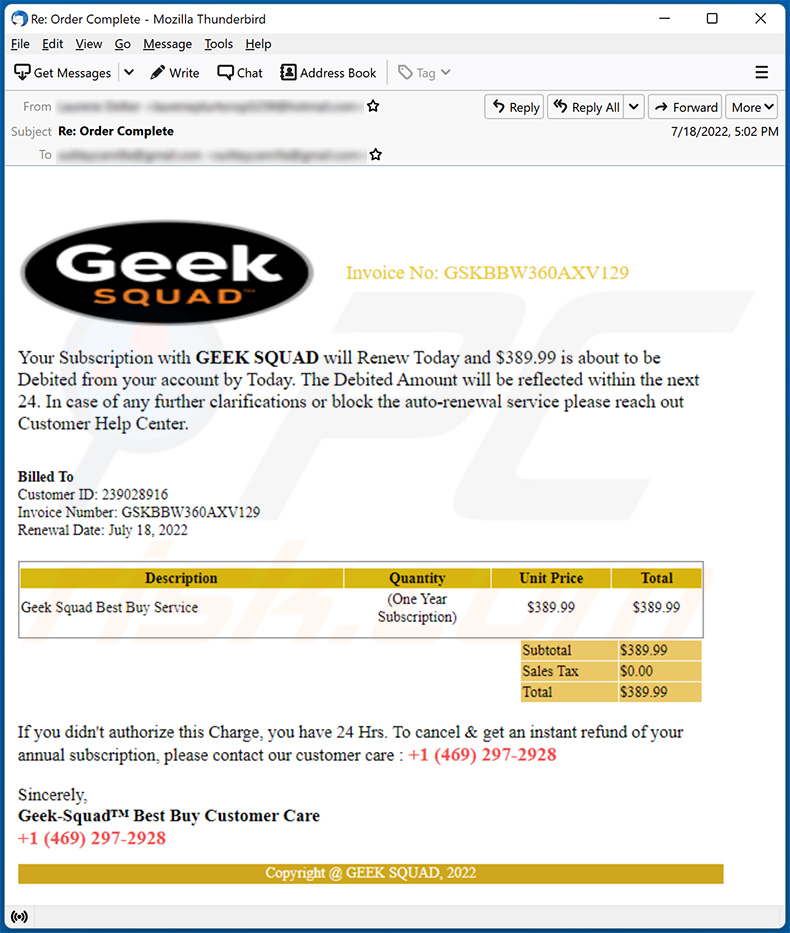 Geek Squad-themed spam email (2022-07-27)