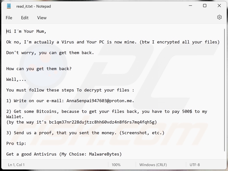 GetAnAntivirus ransomware ransom-demanding message (read_it.txt)