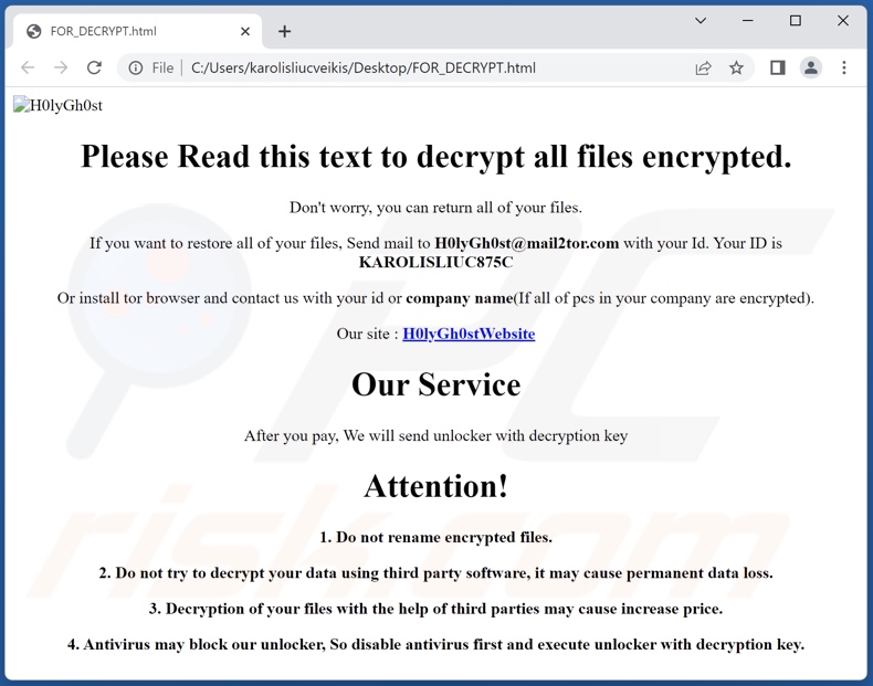 H0lyGh0st ransomware ransom-demanding message (FOR_DECRYPT.html)