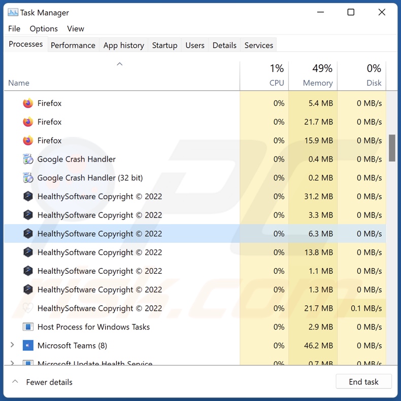 Healthy adware process on Task Manager (HealthySoftware Copyright © 2022 - process name)