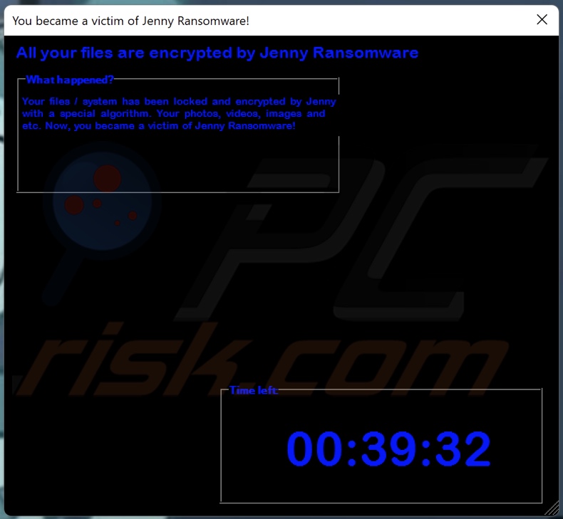 Jenny ransomware ransom-demanding message (pop-up)