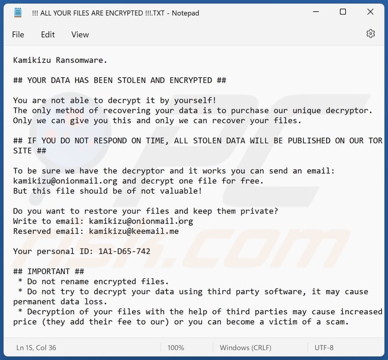 Kamikizu ransomware text file (!!! ALL YOUR FILES ARE ENCRYPTED !!!.TXT)