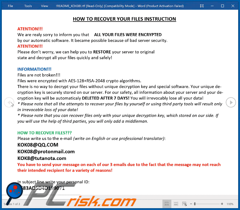 KOK08 ransomware ransom note (!README_KOK08!.rtf)