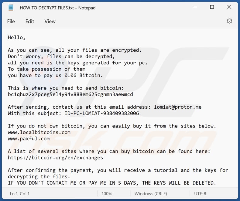 Lomiat ransomware text file (HOW TO DECRYPT FILES.txt)