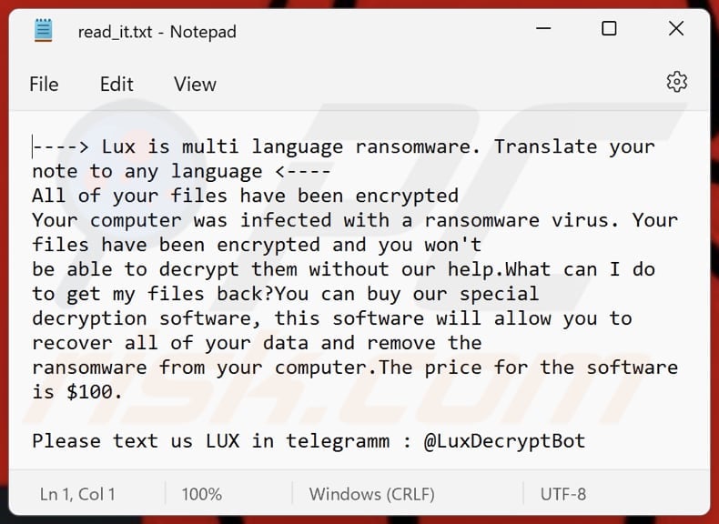 Lux ransomware text file (read_it.txt)