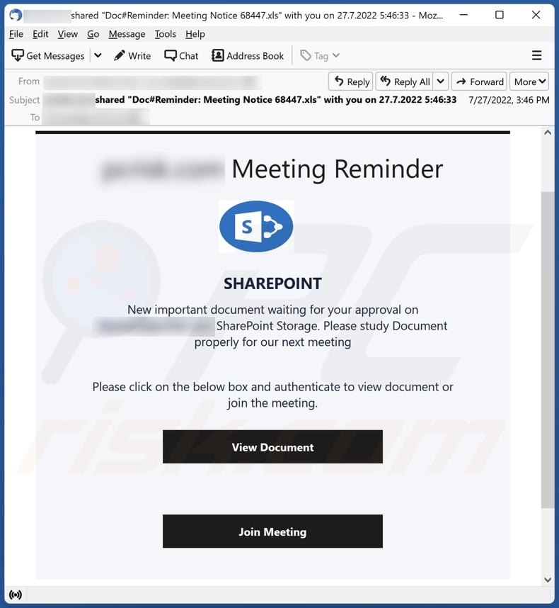 Meeting Reminder email spam campaign