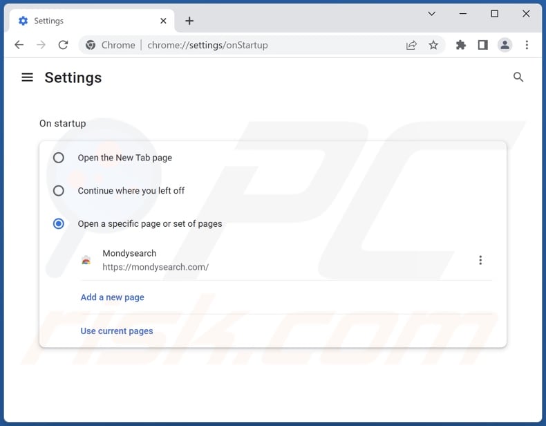 Removing mondysearch.com from Google Chrome homepage