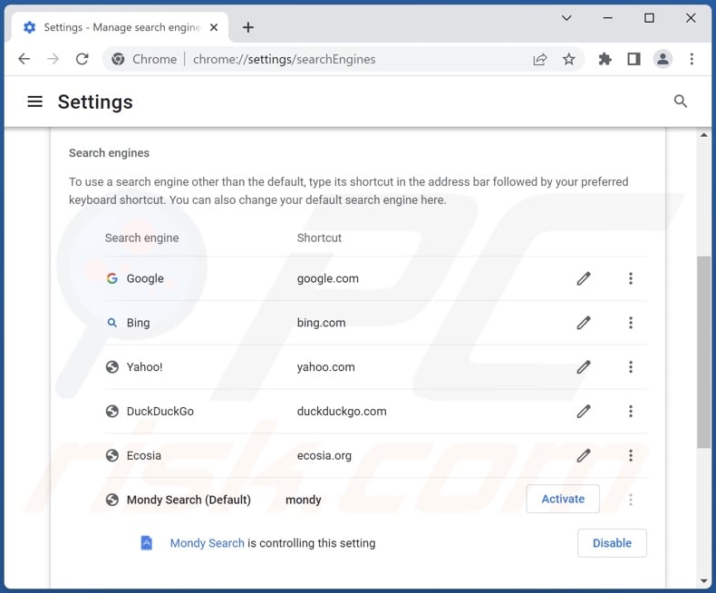 Removing mondysearch.com from Google Chrome default search engine