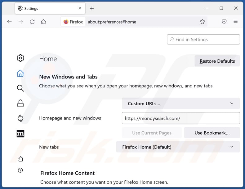 Removing mondysearch.com from Mozilla Firefox homepage