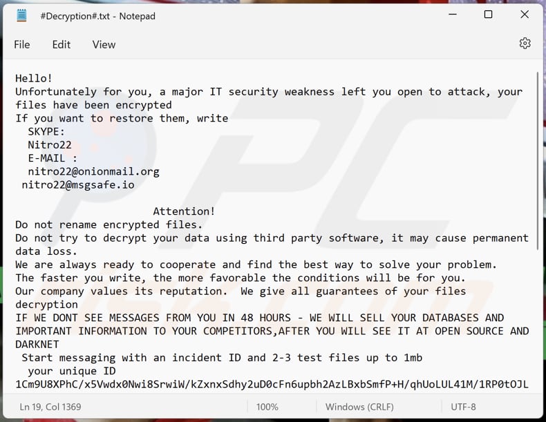 Nitro22 ransomware text file (#Decryption#.txt)