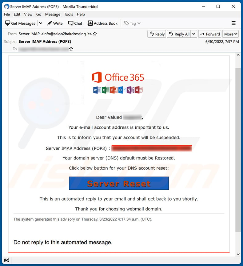 Office 365-themed spam email used to promote a phishing site (2022-07-01)