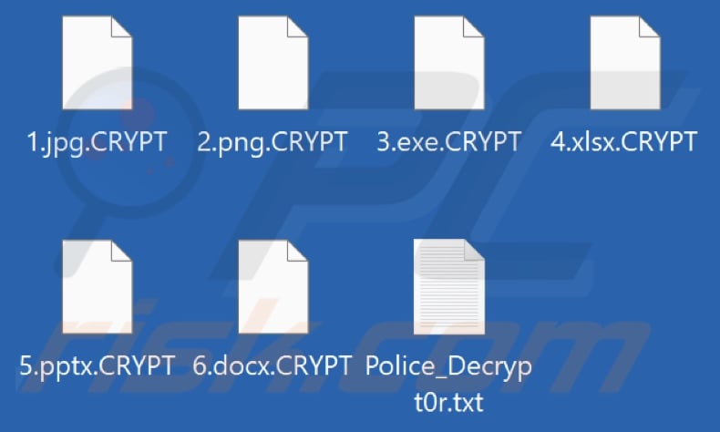 Files encrypted by Police_Decrypt0r ransomware (.CRYPT extension)