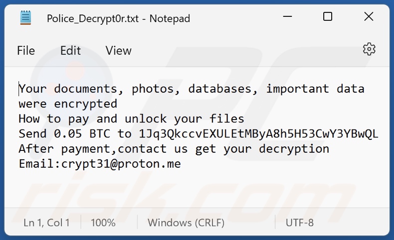 Police_Decrypt0r ransomware text file (Police_Decrypt0r.txt)