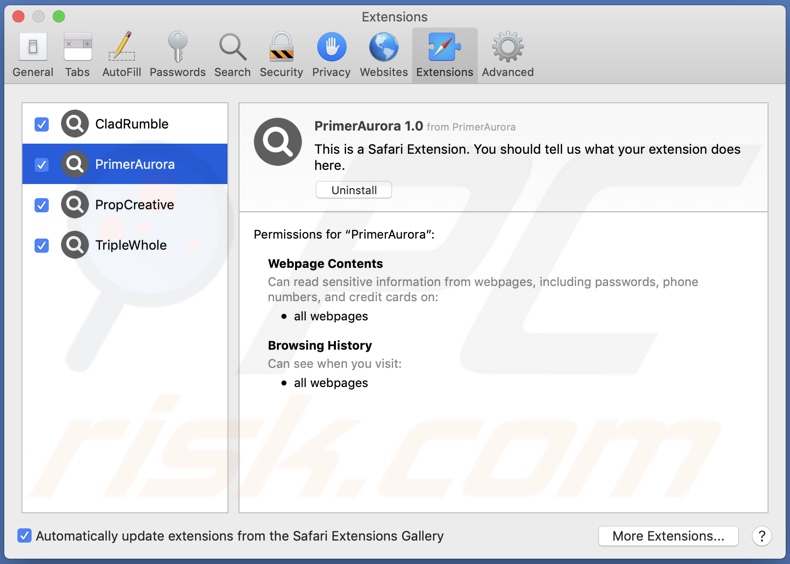 PrimeAurora adware installed onto Safari