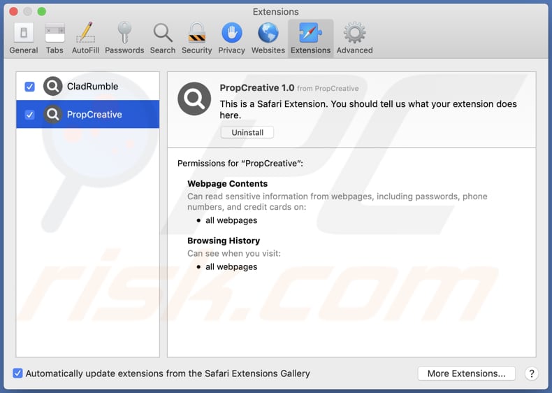 propcreative adware installed on safari