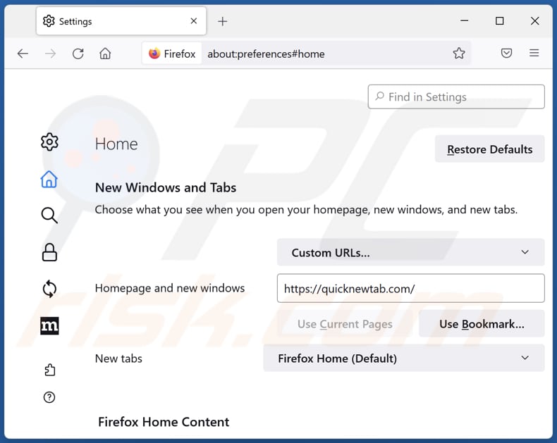 Removing quicknewtab.com from Mozilla Firefox homepage