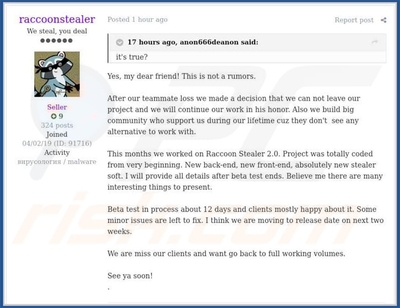 RaccoonStealer hacker forum post