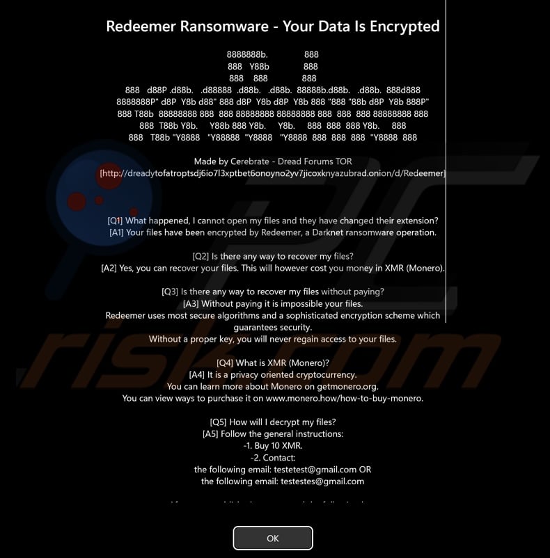 Redeemer 2.0 ransomware message displayed before the log-in screen