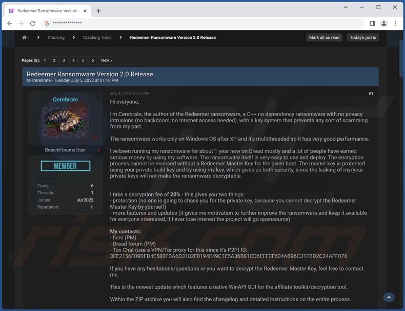 Redeemer 2.0 ransomware promoted online
