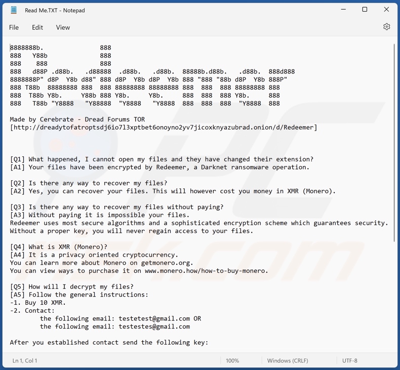 Redeemer 2.0 ransomware ransom-demanding message (Read Me.TXT)