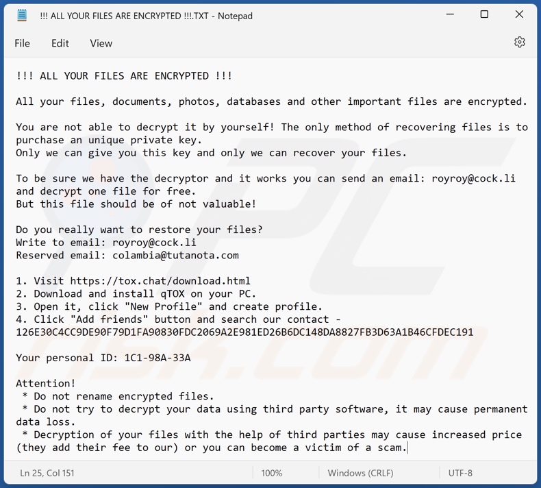 Royroy ransomware ransom-demanding message (!!! ALL YOUR FILES ARE ENCRYPTED !!!.TXT)