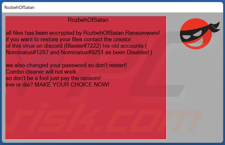 RozbehOfSatan ransomware ransom-demanding message (pop-up)