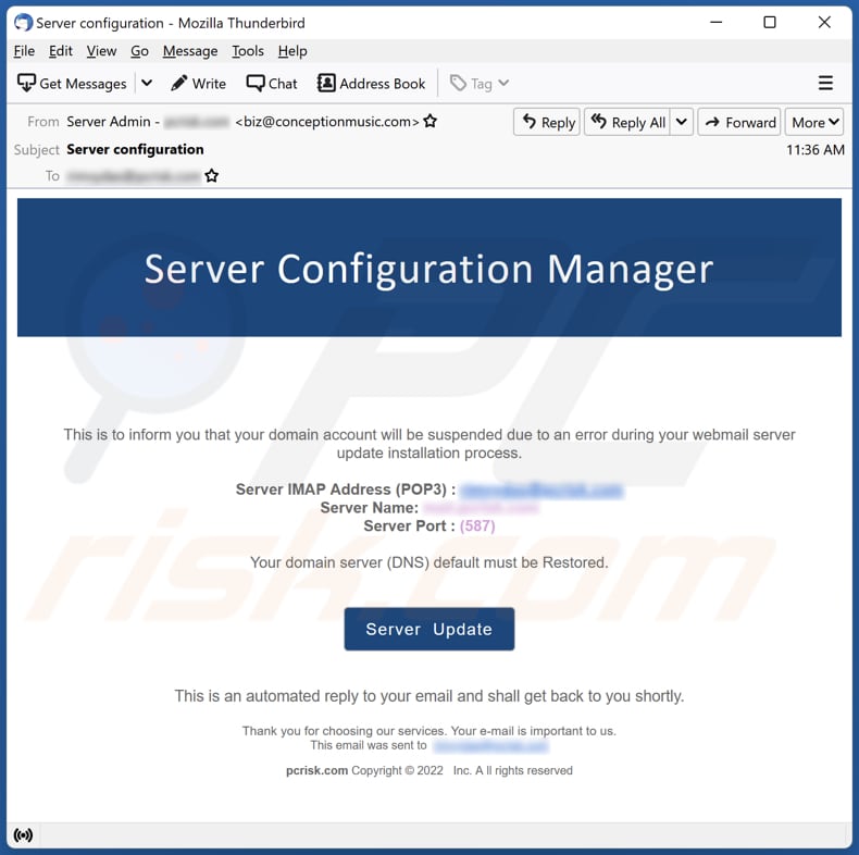 Server Configuration Manager email scam