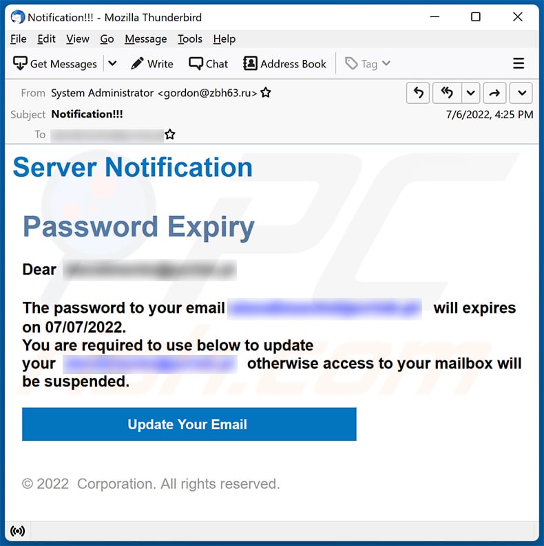 Server Notification-themed spam email (2022-07-08)