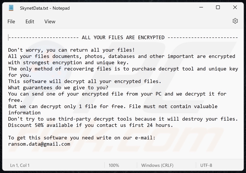Skynet ransomware ransom-demanding message (SkynetData.txt)