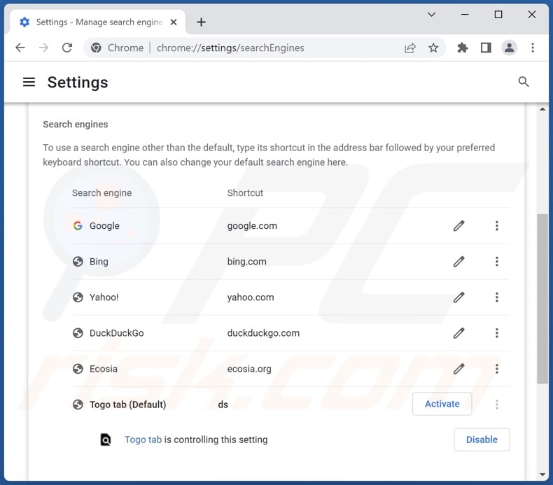 Removing togosearching.com from Google Chrome default search engine
