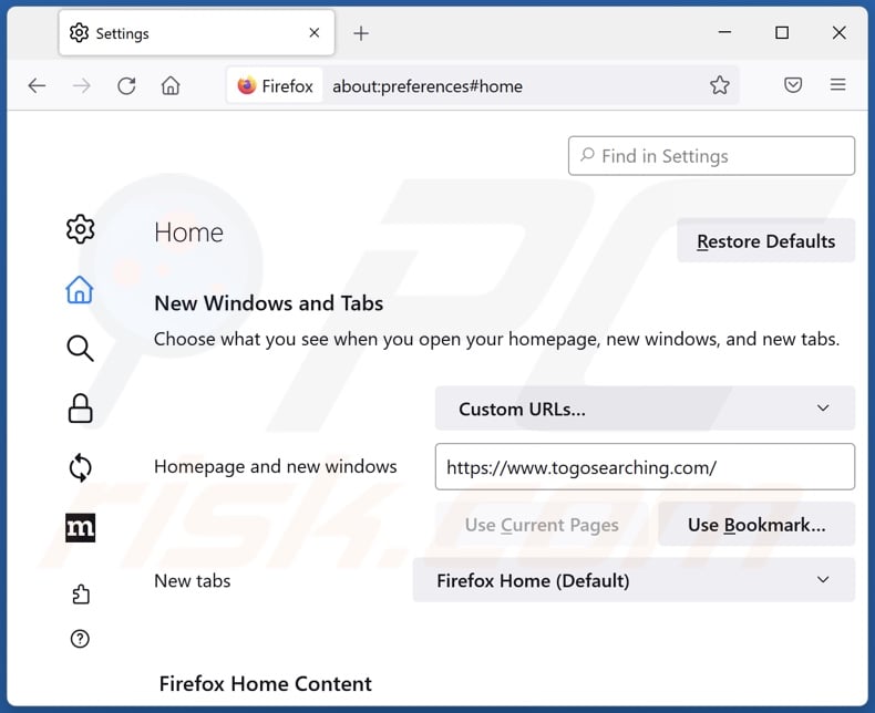 Removing togosearching.com from Mozilla Firefox homepage