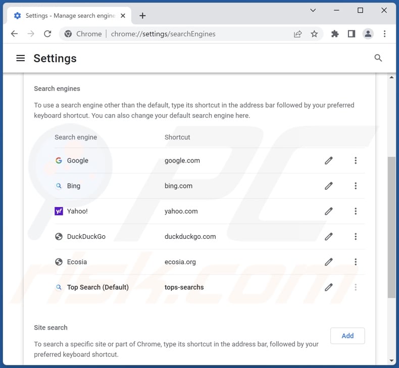 Removing search.tops-searchs.com from Google Chrome default search engine