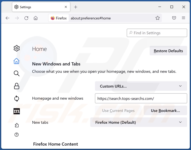Removing search.tops-searchs.com from Mozilla Firefox homepage
